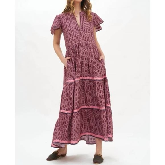 Oliphant Dresses & Skirts - Oliphant Maxi Dress Ruffle Short Sleeve V Neck